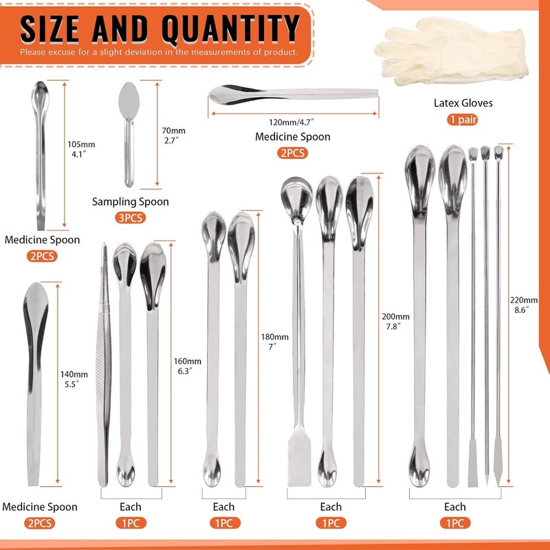Tanstic 23Pcs Stainless Steel Lab Spatula Micro Scoop Set Including 22pcs 7cm 16cm 18cm 20cm 22cm Laboratory Tiny Mixing Spatula Scoop Measuring Spoon Long Sampling Spoon with 1Pair Gloves - Image 2